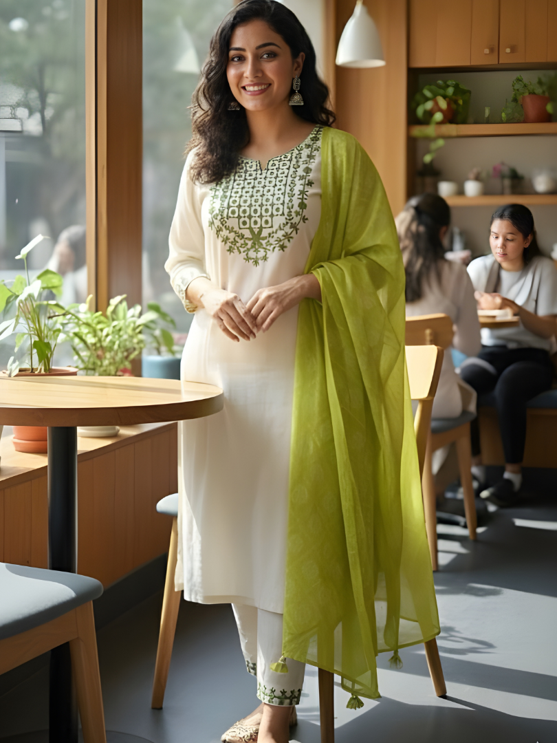 Embroidered Ivory Green 3-Piece Suit